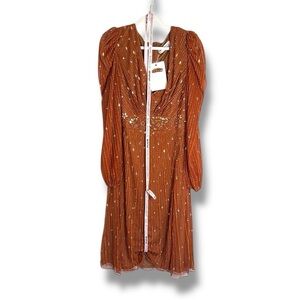 NWT Mac Duggal Hand Embellished V Neck Puff Sleeve A Line Midi Dress Size 14